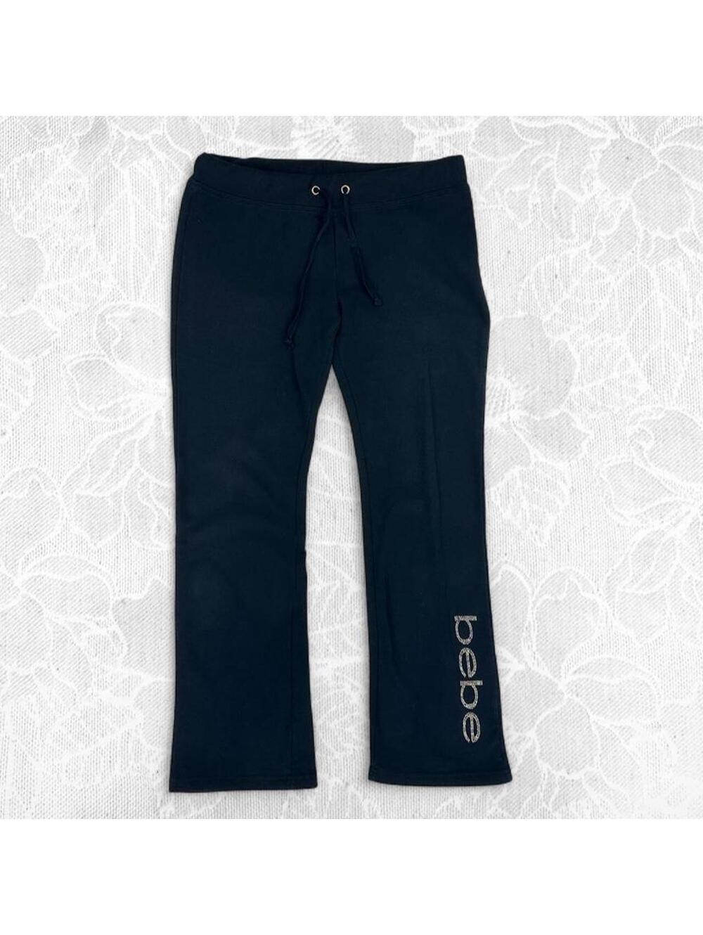 Y2K Bebe Black Low Rise Flare Sweatpants with Rhinestone Logo - L